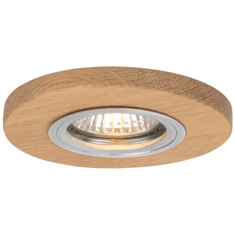Eikenhouten inbouwspot vanaf de zijkant voor een GU10 lampje