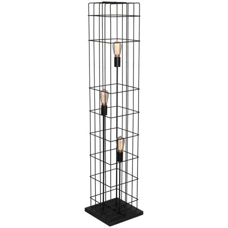 Vloerlamp met drie metalen opstaaande buizen in verschillende hoogten met E27 fitting en metalen rooster vanaf de grond rondom