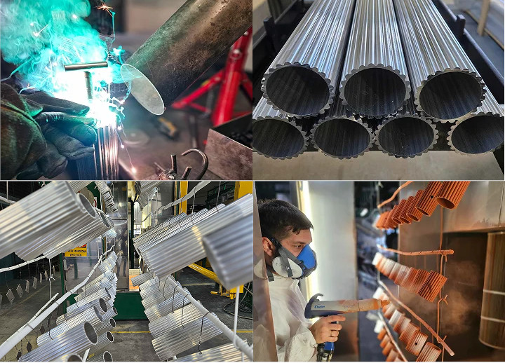 Een blok van vier fotos die de productie van Sollux Karbon lampen laat zien