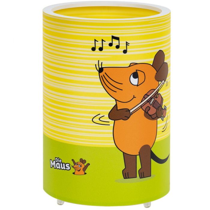 Kindertafellamp met Die Maus op een geel groene tafellamp