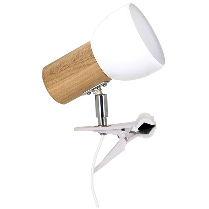 Klemlamp voor aan een tafel van hout met wit kunststof kapje