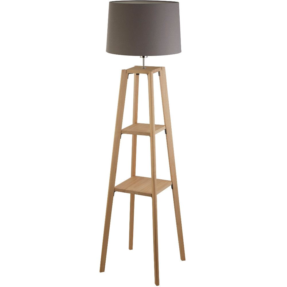 Natuurhouten vloerlamp met planken tussen de vierpoot met grijze kap van textiel