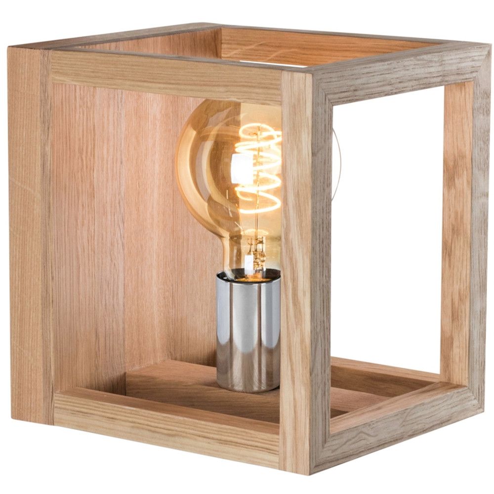 Open vierkante wandlamp van eikenhout met chromen fitting