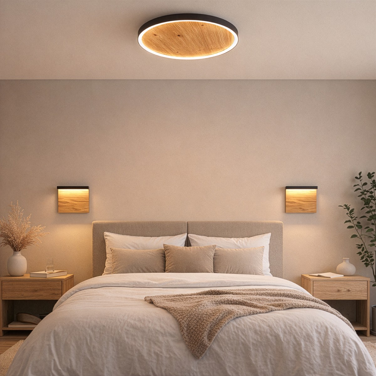 Platte design plafonniere boven een bed in een slaapkamer Platte design plafonniere boven een bed in een slaapkamer