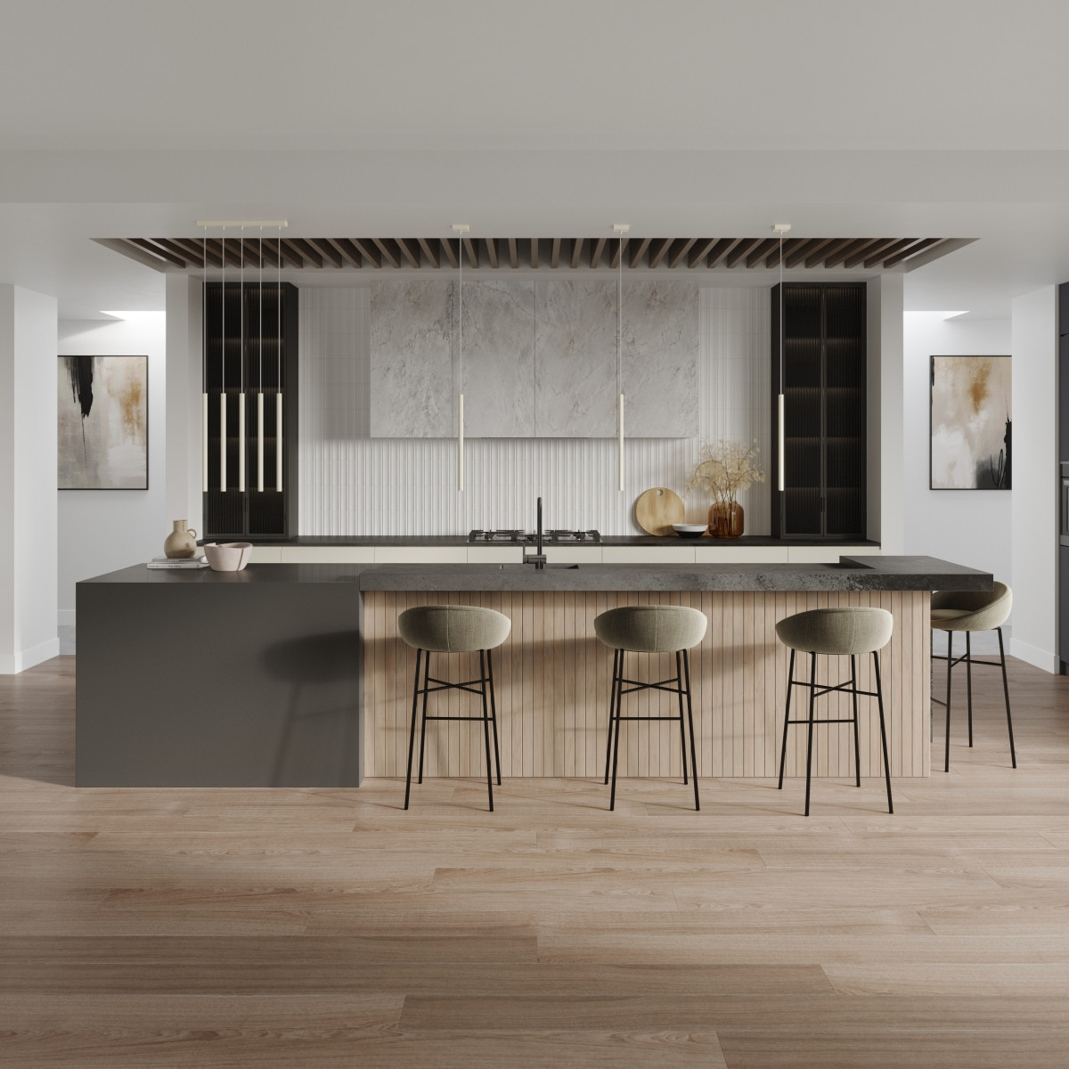 Open keuken met beige minimalistische hanglampen boven een kookeiland met vier barkrukken