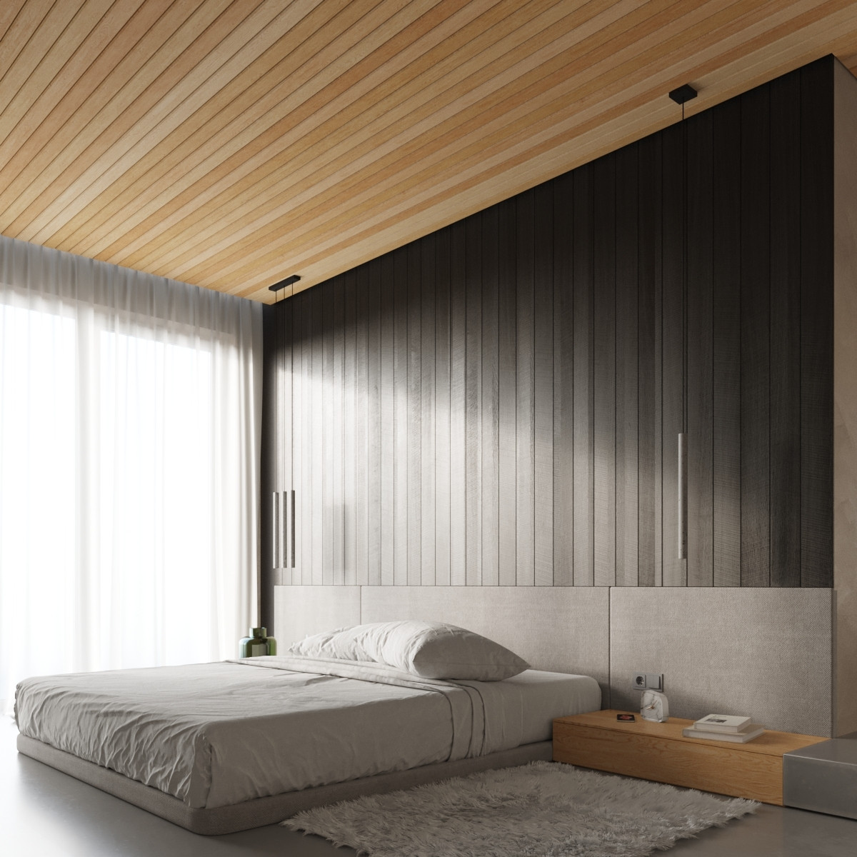 Met hout afgewerkte slaapkamer met minimalistische betonnen hanglampen boven de nachtkasten