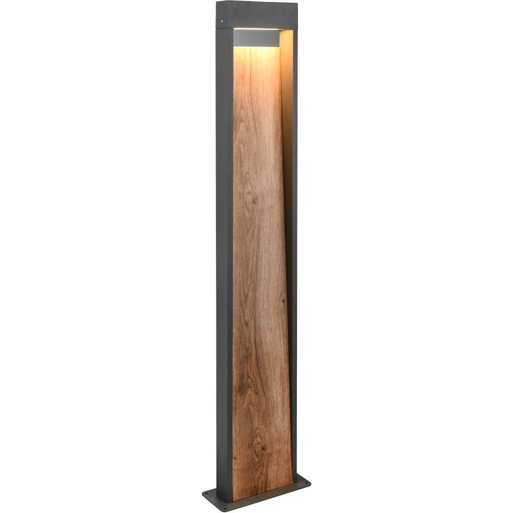 Rechthoekige paaltje in antraciet met houtkleur. lichtbunel is naar beneden langs het paaltje