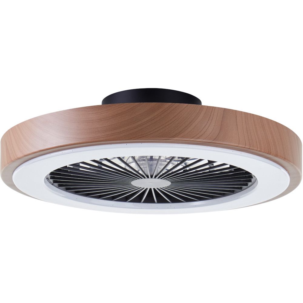Plafondventilator met zwart rooster met ventilator en hout kleurige rand. Daartussen een stuk wit kunststof met LED
