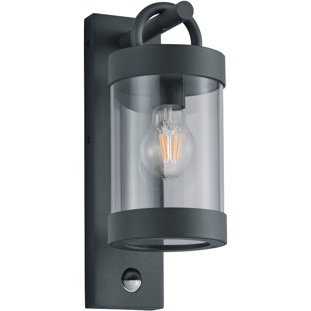 Antraciet grijze buitenlamp met rond glas en bewegingsmelder