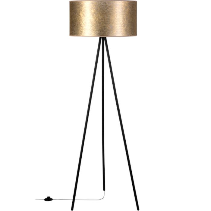 Vloerlamp met zwarte tripod en goudkleurige kap van textiel